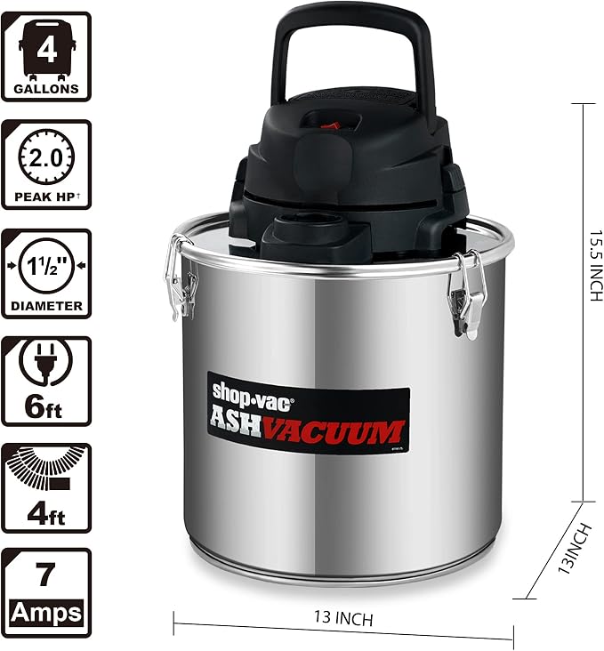 wet/dry vacuum 4 Gallon 2.0 Peak HP Ash Vacuum, 7.0 Amps Ash Vac Cleaner with HEPA Filter, Hose and Accessories for