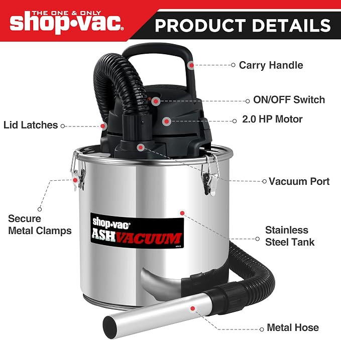 wet/dry vacuum 4 Gallon 2.0 Peak HP Ash Vacuum, 7.0 Amps Ash Vac Cleaner with HEPA Filter, Hose and Accessories for