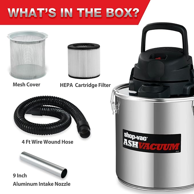 wet/dry vacuum 4 Gallon 2.0 Peak HP Ash Vacuum, 7.0 Amps Ash Vac Cleaner with HEPA Filter, Hose and Accessories for