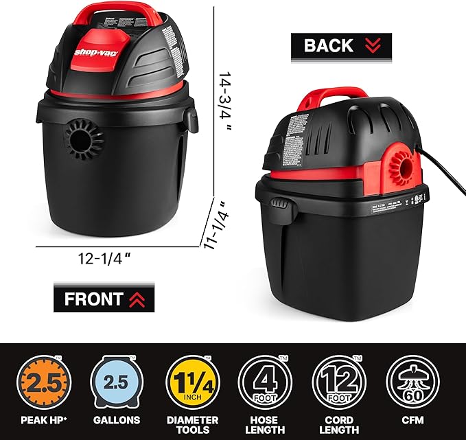 wet/dry vacuum 9303511 2.5 Gallon Wet Dry Vacuum, 2.5 Peak HP, 1.25 Inch Diameter x 4 Foot Hose, 12 Ft Cord Length, Wall