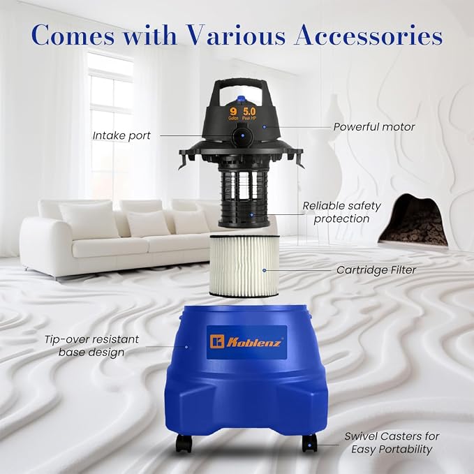 Wet Dry Vacuum Cleaner, 9.0 Gallon Tank, 5.0 HP Powerful Vacuum for Dry and Wet Messes, Vacuum Cleaner and Blower