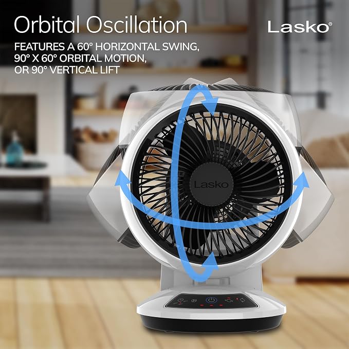 Whirlwind Orbital Motion Air Circulator Table Fan, 3 Speeds, Timer, Dark Mode, Remote Control for Small and Medium Sized