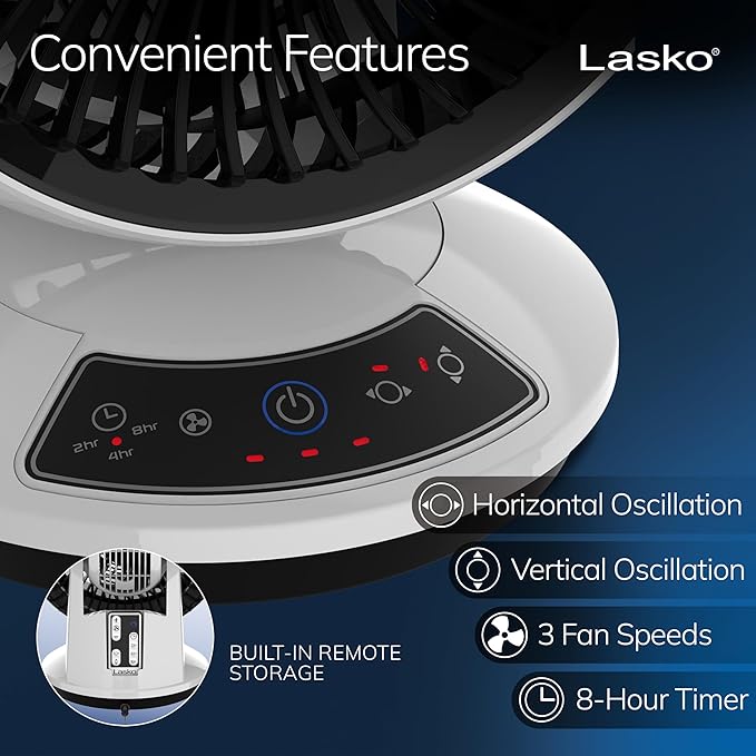 Whirlwind Orbital Motion Air Circulator Table Fan, 3 Speeds, Timer, Dark Mode, Remote Control for Small and Medium Sized