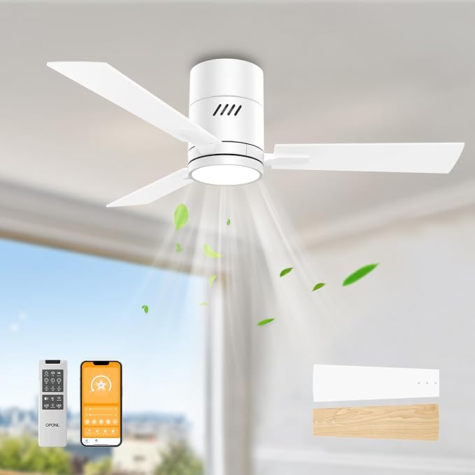 White 42 inch Ceiling Fan with Light, Remote Control, Flush Mount, Noiseless, Reversible, 6CCT, Dimmable, 6 Speeds, Timeable