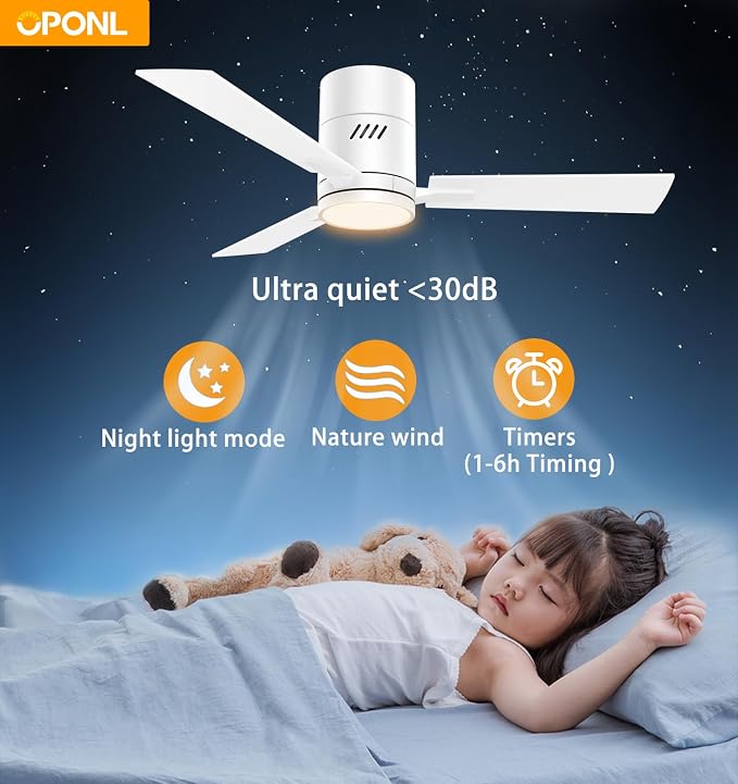 White 42 inch Ceiling Fan with Light, Remote Control, Flush Mount, Noiseless, Reversible, 6CCT, Dimmable, 6 Speeds, Timeable