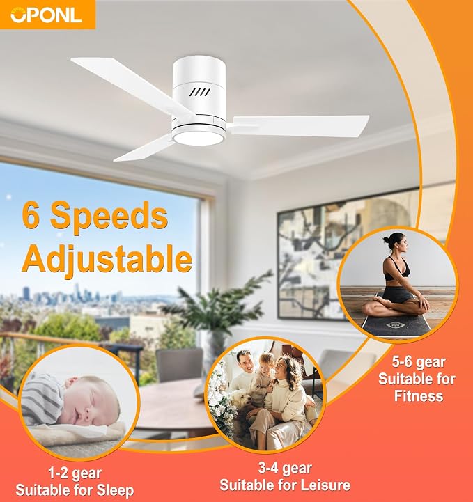 White 42 inch Ceiling Fan with Light, Remote Control, Flush Mount, Noiseless, Reversible, 6CCT, Dimmable, 6 Speeds, Timeable