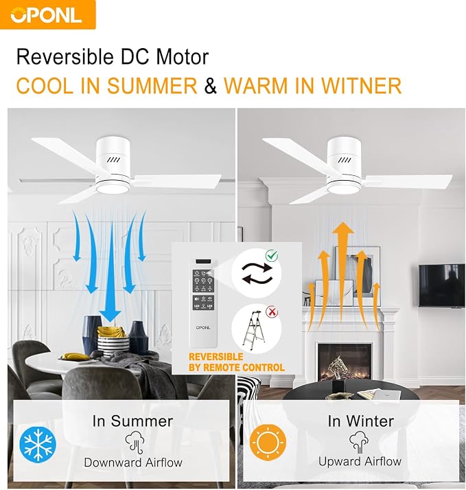White 42 inch Ceiling Fan with Light, Remote Control, Flush Mount, Noiseless, Reversible, 6CCT, Dimmable, 6 Speeds, Timeable