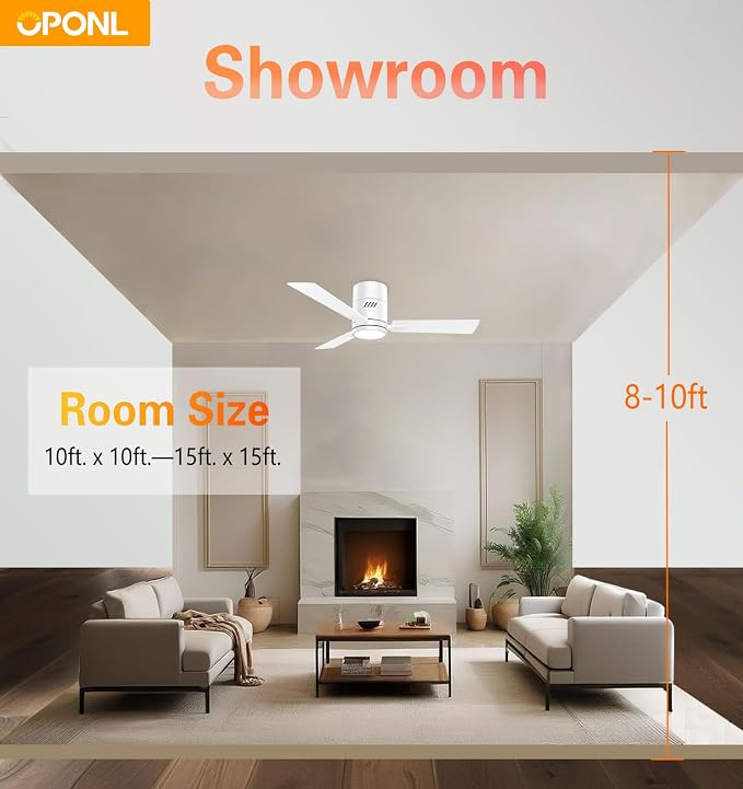 White 42 inch Ceiling Fan with Light, Remote Control, Flush Mount, Noiseless, Reversible, 6CCT, Dimmable, 6 Speeds, Timeable
