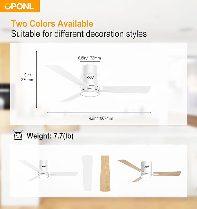 White 42 inch Ceiling Fan with Light, Remote Control, Flush Mount, Noiseless, Reversible, 6CCT, Dimmable, 6 Speeds, Timeable