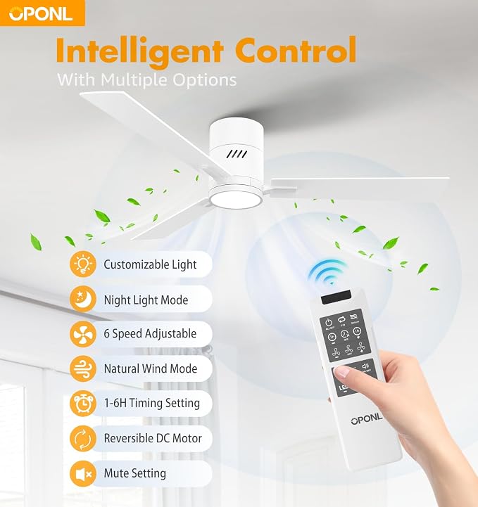 White 52 inch Ceiling Fan with Light, Remote Control, Flush Mount, Noiseless, Reversible, 6CCT, Dimmable, 6 Speeds, Timeable