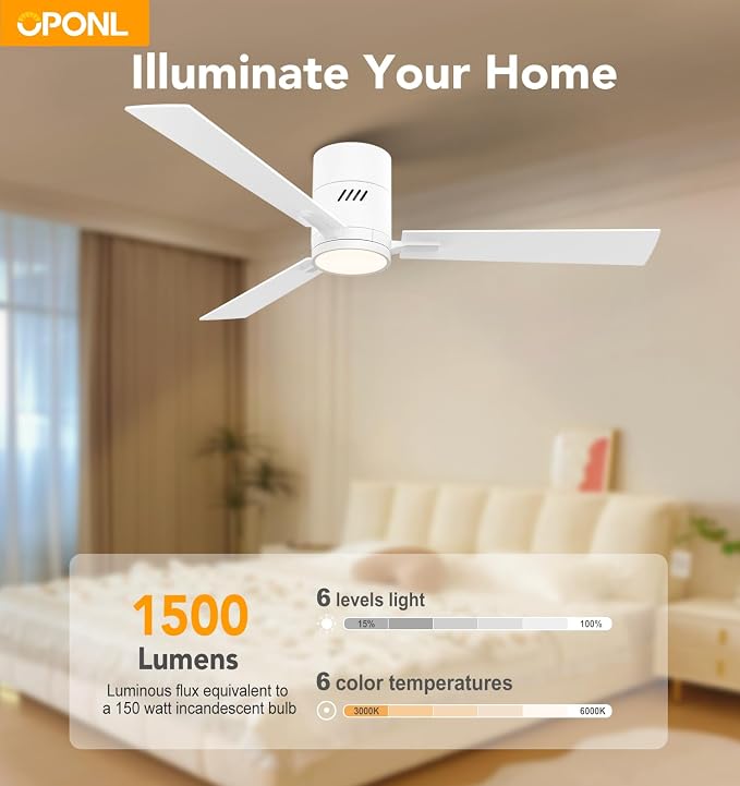 White 52 inch Ceiling Fan with Light, Remote Control, Flush Mount, Noiseless, Reversible, 6CCT, Dimmable, 6 Speeds, Timeable