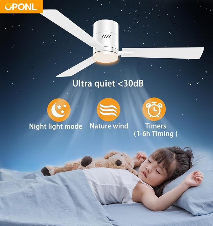 White 52 inch Ceiling Fan with Light, Remote Control, Flush Mount, Noiseless, Reversible, 6CCT, Dimmable, 6 Speeds, Timeable