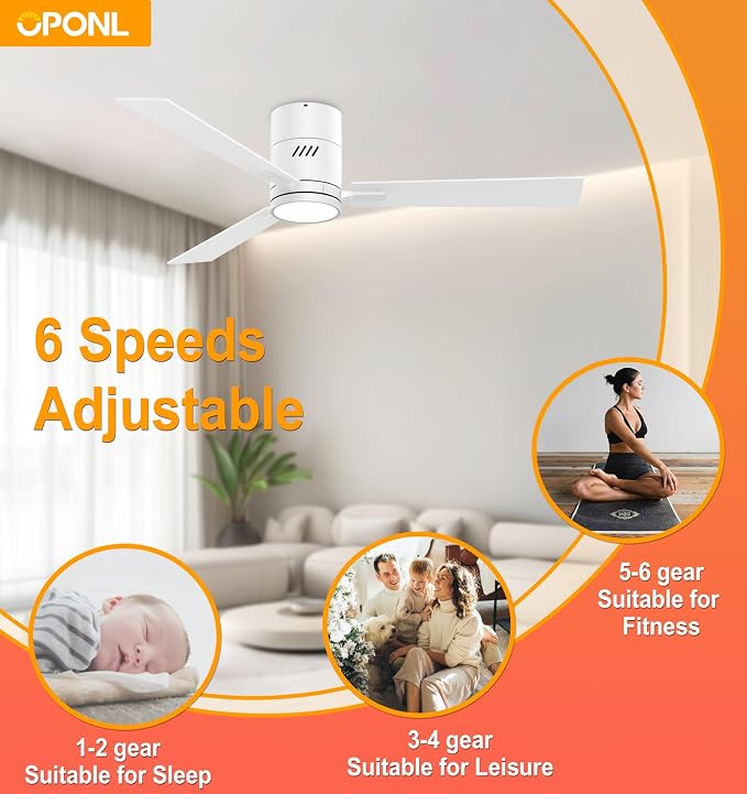 White 52 inch Ceiling Fan with Light, Remote Control, Flush Mount, Noiseless, Reversible, 6CCT, Dimmable, 6 Speeds, Timeable