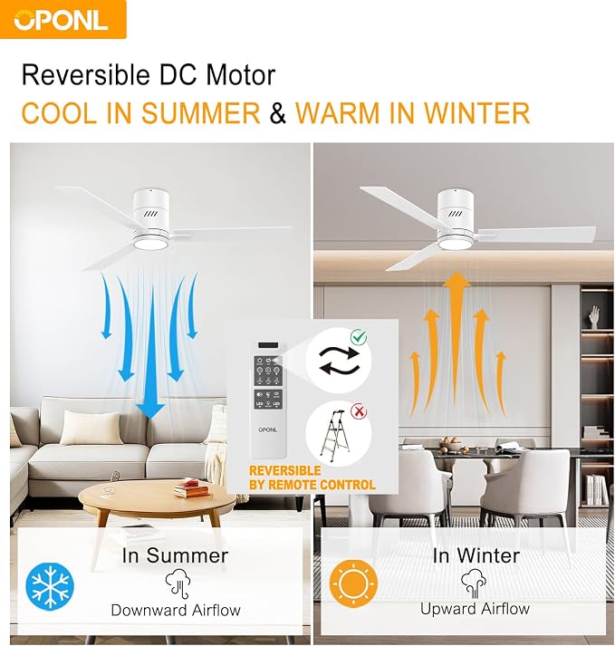 White 52 inch Ceiling Fan with Light, Remote Control, Flush Mount, Noiseless, Reversible, 6CCT, Dimmable, 6 Speeds, Timeable