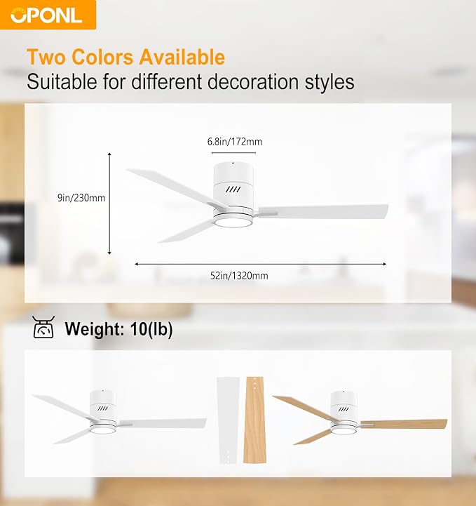 White 52 inch Ceiling Fan with Light, Remote Control, Flush Mount, Noiseless, Reversible, 6CCT, Dimmable, 6 Speeds, Timeable