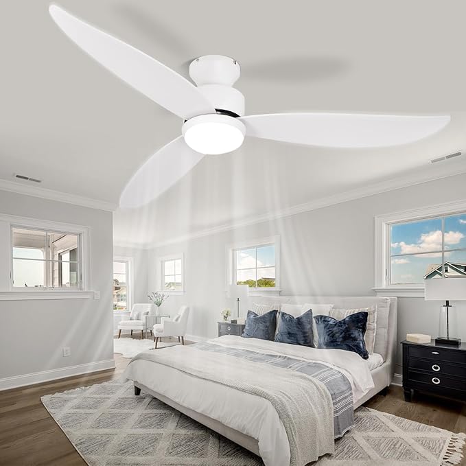 White 52 inch Ceiling Fans with Lights and Remote, 3 Blade Modern Low Profile Ceiling Fan, 6 Speeds Quiet Reversible DC