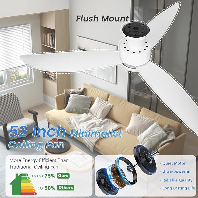 White 52 inch Ceiling Fans with Lights and Remote, 3 Blade Modern Low Profile Ceiling Fan, 6 Speeds Quiet Reversible DC