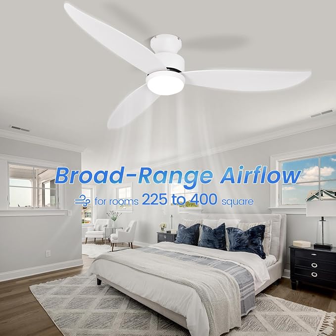 White 52 inch Ceiling Fans with Lights and Remote, 3 Blade Modern Low Profile Ceiling Fan, 6 Speeds Quiet Reversible DC