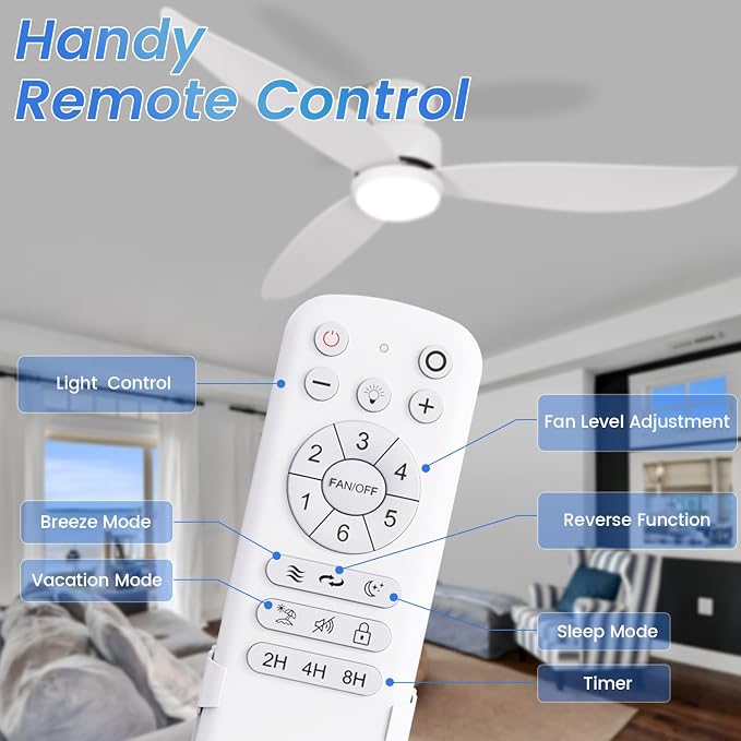 White 52 inch Ceiling Fans with Lights and Remote, 3 Blade Modern Low Profile Ceiling Fan, 6 Speeds Quiet Reversible DC