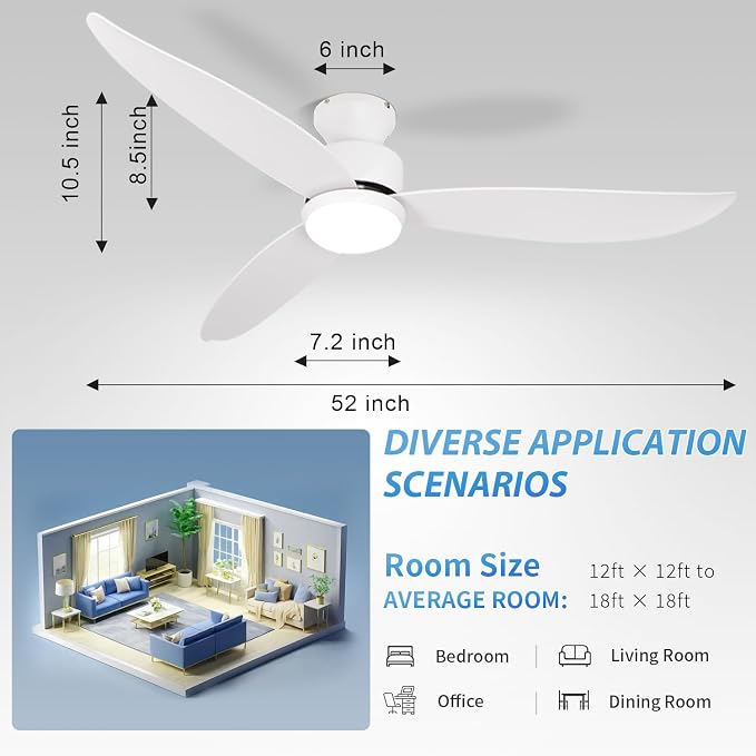 White 52 inch Ceiling Fans with Lights and Remote, 3 Blade Modern Low Profile Ceiling Fan, 6 Speeds Quiet Reversible DC