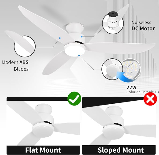 White 52 inch Ceiling Fans with Lights and Remote, 3 Blade Modern Low Profile Ceiling Fan, 6 Speeds Quiet Reversible DC