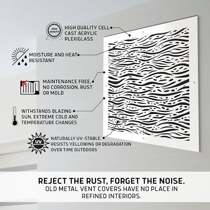 White Air Vent Cover - Acrylic Plexiglass 8" x 8" Duct Opening (10" x 10" Overall) Return Grille Decorative, alternate view 3