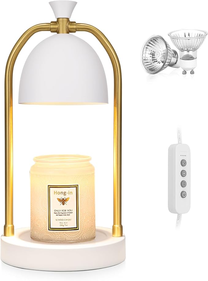 White and Gold Candle Warmer Lamp with Timer-Electric Candle Warmer Lamp for Bedroom Decor, Dimmable Candle Light Warmer,Home