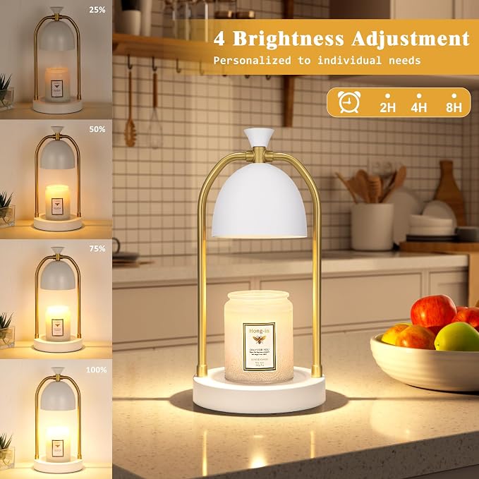 White and Gold Candle Warmer Lamp with Timer-Electric Candle Warmer Lamp for Bedroom Decor, Dimmable Candle Light Warmer,Home