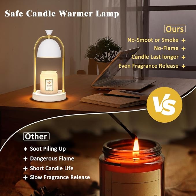 White and Gold Candle Warmer Lamp with Timer-Electric Candle Warmer Lamp for Bedroom Decor, Dimmable Candle Light Warmer,Home