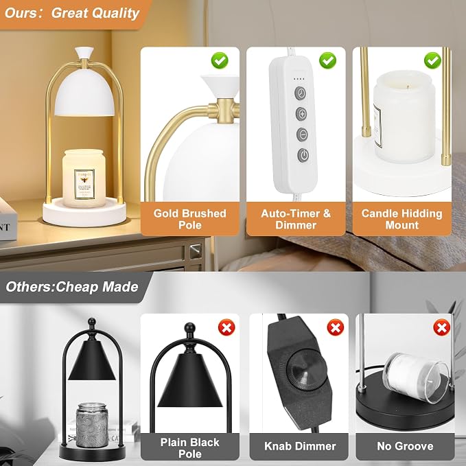 White and Gold Candle Warmer Lamp with Timer-Electric Candle Warmer Lamp for Bedroom Decor, Dimmable Candle Light Warmer,Home