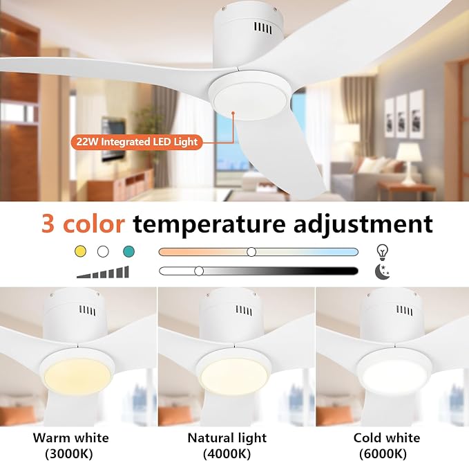 White Ceiling Fan with Light, 52 Inch Flush Mount Low Profile Ceiling Fans and Remote, 6 Speed Reversible Motor 3CCT