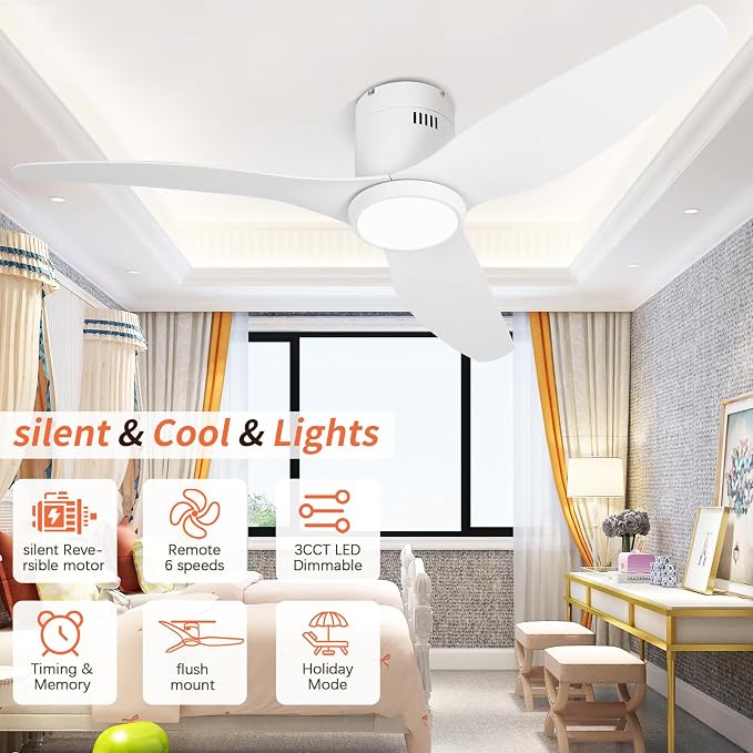White Ceiling Fan with Light, 52 Inch Flush Mount Low Profile Ceiling Fans and Remote, 6 Speed Reversible Motor 3CCT