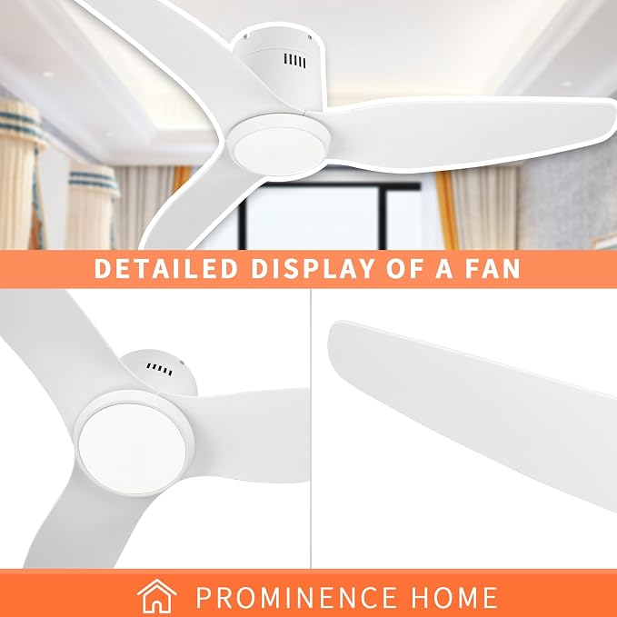 White Ceiling Fan with Light, 52 Inch Flush Mount Low Profile Ceiling Fans and Remote, 6 Speed Reversible Motor 3CCT