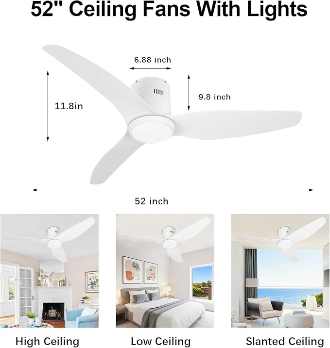 White Ceiling Fan with Light, 52 Inch Flush Mount Low Profile Ceiling Fans and Remote, 6 Speed Reversible Motor 3CCT