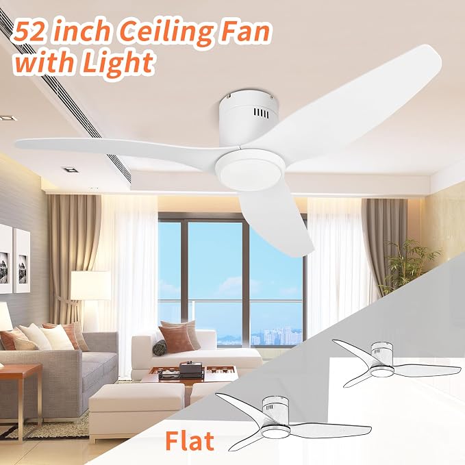 White Ceiling Fan with Light, 52 Inch Flush Mount Low Profile Ceiling Fans and Remote, 6 Speed Reversible Motor 3CCT