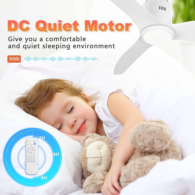 White Ceiling Fan with Light, 52 Inch Flush Mount Low Profile Ceiling Fans and Remote, 6 Speed Reversible Motor 3CCT