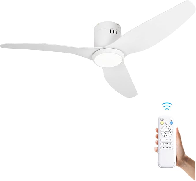 White Ceiling Fan with Light, 52 Inch Flush Mount Low Profile Ceiling Fans and Remote, 6 Speed Reversible Motor 3CCT
