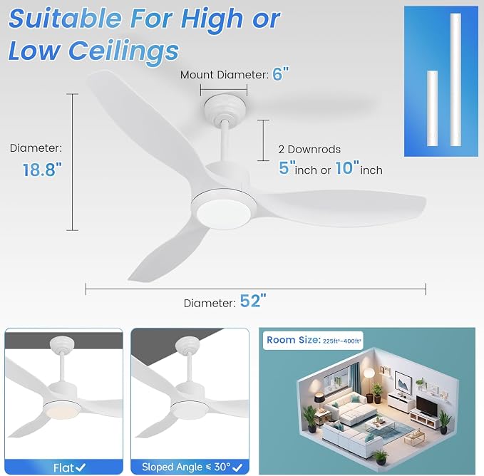 White Ceiling Fan with Light, 52" Outdoor Ceiling Fans with Lights and Remote, 3 Color Light, 6 Speed, DC Motor, for