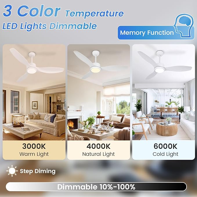 White Ceiling Fan with Light, 52" Outdoor Ceiling Fans with Lights and Remote, 3 Color Light, 6 Speed, DC Motor, for