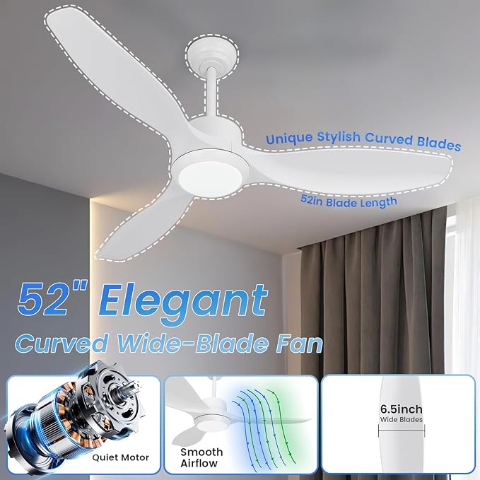 White Ceiling Fan with Light, 52" Outdoor Ceiling Fans with Lights and Remote, 3 Color Light, 6 Speed, DC Motor, for