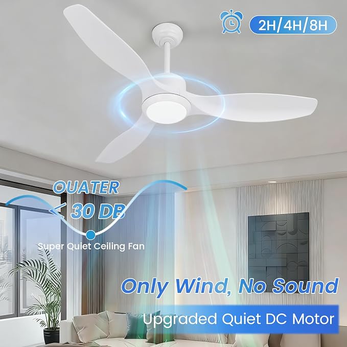 White Ceiling Fan with Light, 52" Outdoor Ceiling Fans with Lights and Remote, 3 Color Light, 6 Speed, DC Motor, for