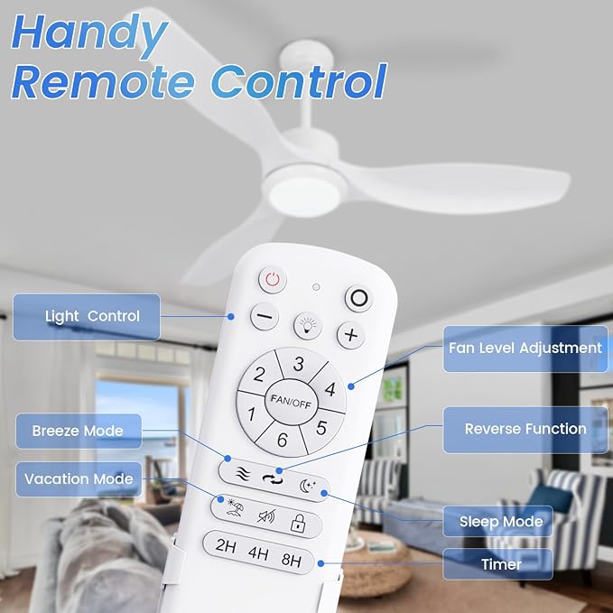 White Ceiling Fan with Light, 52" Outdoor Ceiling Fans with Lights and Remote, 3 Color Light, 6 Speed, DC Motor, for