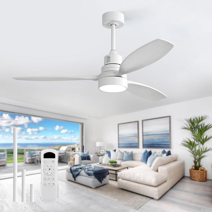 White Ceiling Fan with Lights and Remote, 52 Inch Modern Wood DC Motor Ceiling Fan with Downrods, for Farmhouse Bedroom