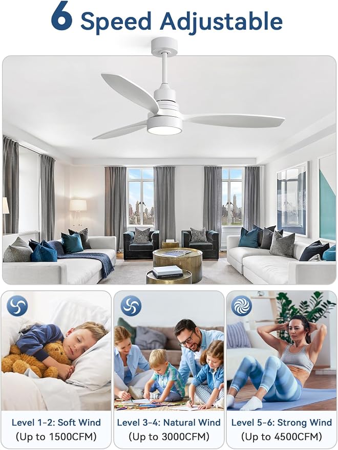 White Ceiling Fan with Lights and Remote, 52 Inch Modern Wood DC Motor Ceiling Fan with Downrods, for Farmhouse Bedroom