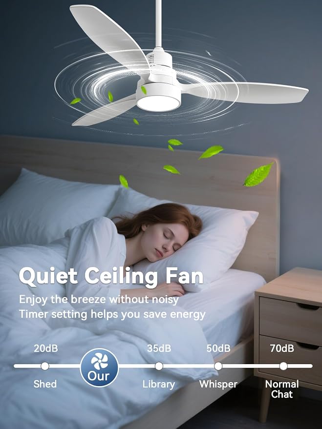 White Ceiling Fan with Lights and Remote, 52 Inch Modern Wood DC Motor Ceiling Fan with Downrods, for Farmhouse Bedroom