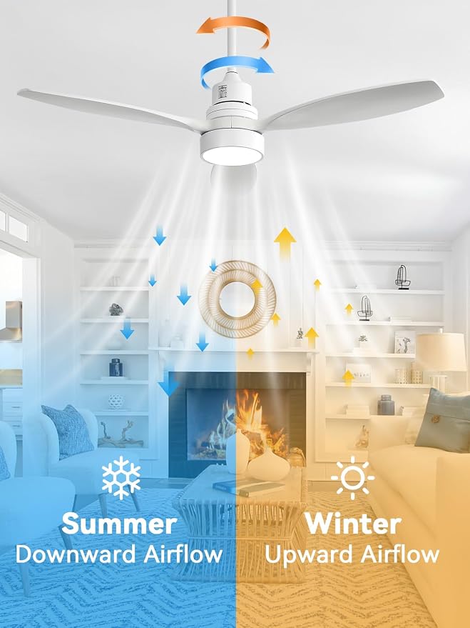 White Ceiling Fan with Lights and Remote, 52 Inch Modern Wood DC Motor Ceiling Fan with Downrods, for Farmhouse Bedroom