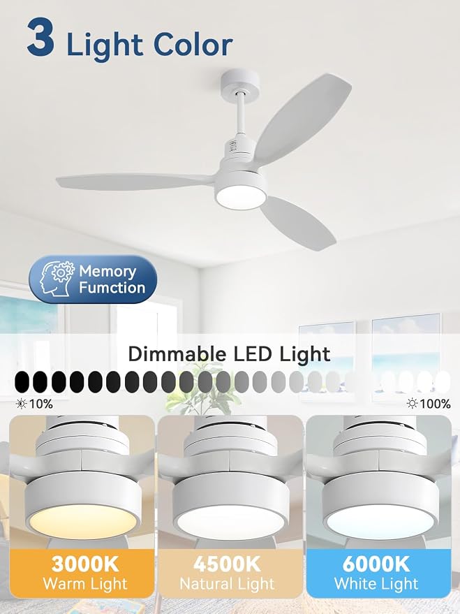 White Ceiling Fan with Lights and Remote, 52 Inch Modern Wood DC Motor Ceiling Fan with Downrods, for Farmhouse Bedroom