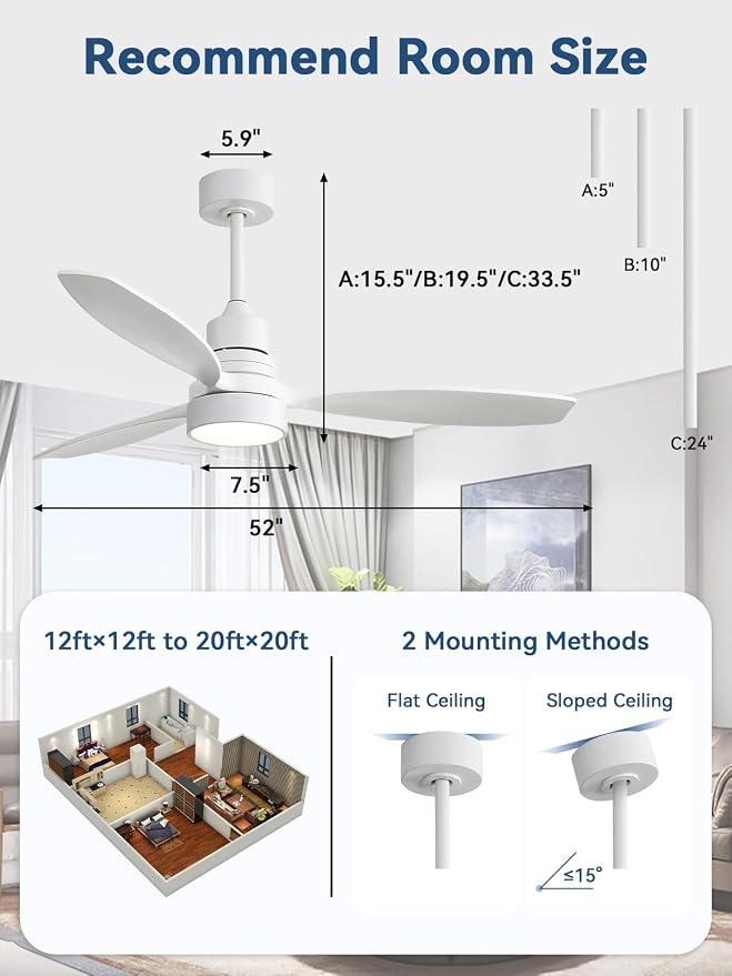 White Ceiling Fan with Lights and Remote, 52 Inch Modern Wood DC Motor Ceiling Fan with Downrods, for Farmhouse Bedroom