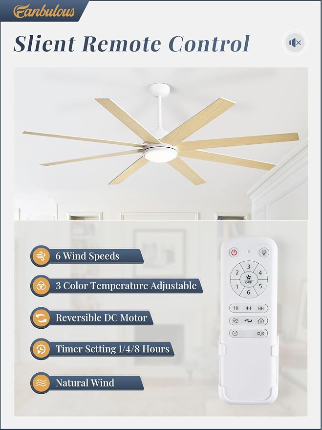 White Ceiling Fans with Lights, 72 inch Large Ceiling Fans with Light and Remote for Living Room Patio, 6 Speeds, Reversible