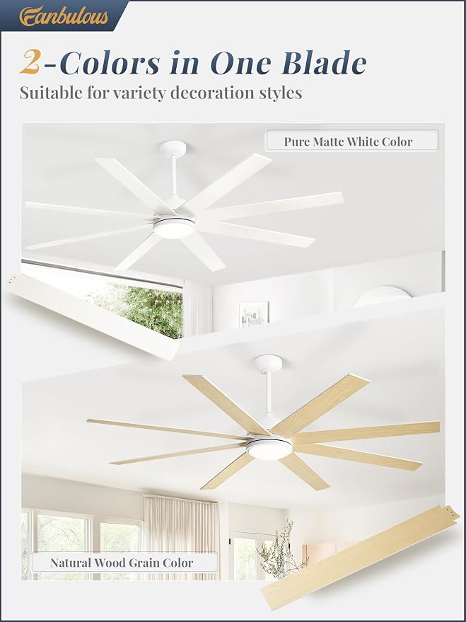 White Ceiling Fans with Lights, 72 inch Large Ceiling Fans with Light and Remote for Living Room Patio, 6 Speeds, Reversible